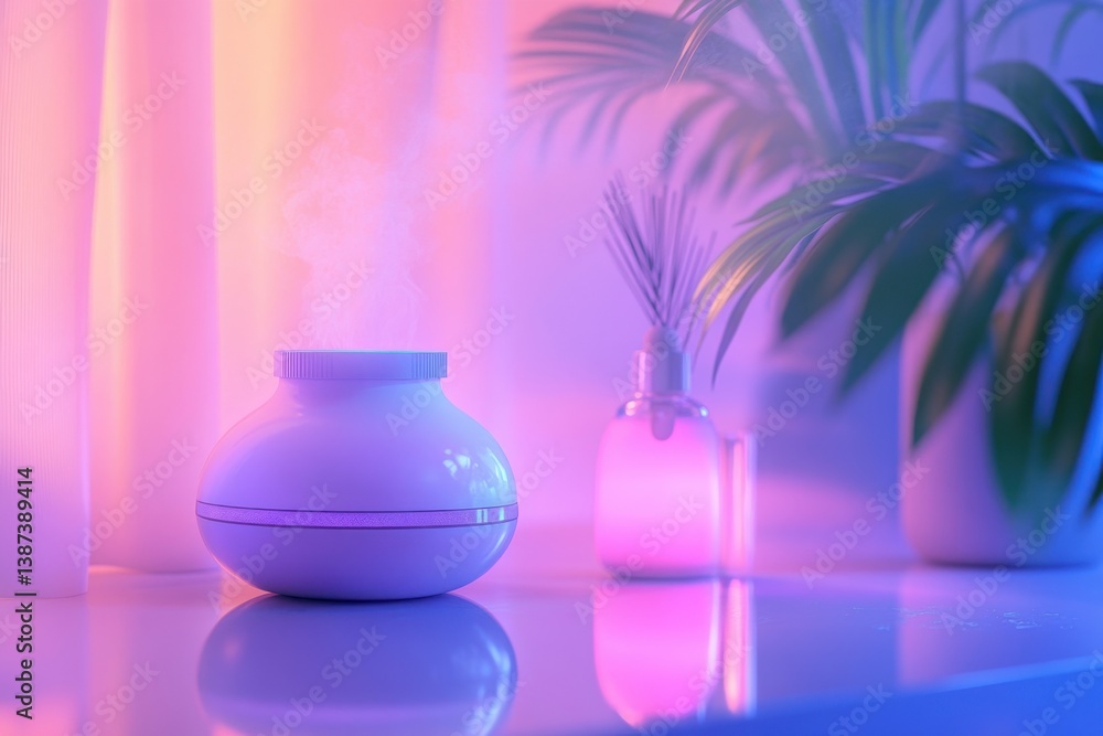 Poster aromatherapy diffuser releasing mist in a serene setting with colorful lighting