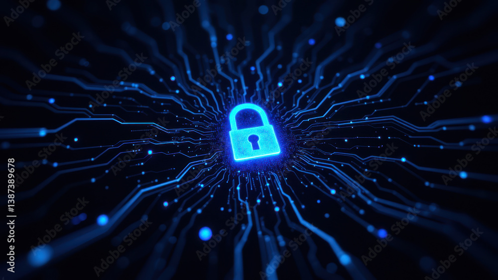 Poster a dynamic digital cyber lock with a network background, symbolizing internet security.