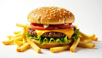 Scattered greasy french fries and burger on white , studio shot, unhealthy