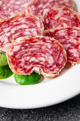 Dry-cured sausage salami appetizer dish fresh delicious gourmet food background on the table rustic...