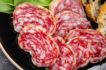Dry-cured sausage salami appetizer dish fresh delicious gourmet food background on the table rustic...