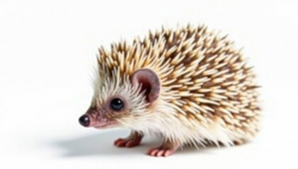 Obraz premium Single brown hedgehog on plain white backdrop; tiny, spiky body fully visible, image, animal, stock photo