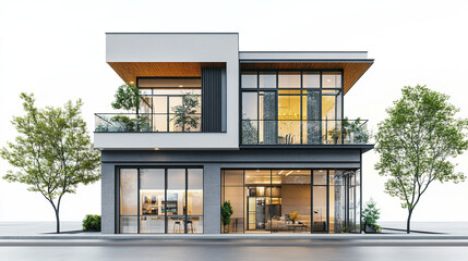 Fototapeta premium Modern two story building with large windows and trees outside