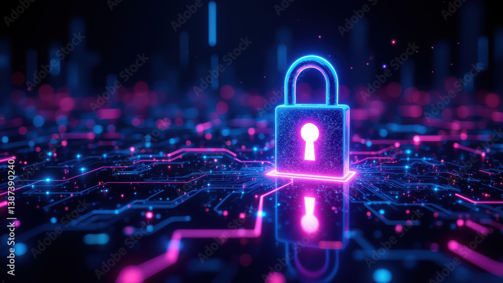 Poster an artistic depiction of a digital lock floating over a glowing network of interconnected dots, symb