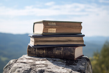 Books on stone on mountain at the top of mountain and blurry landscape and cloudy blue sky in background with copy space
