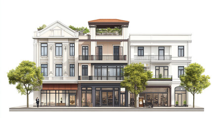 Obraz premium Three story shophouses with trees and storefronts, blending residential and business spaces