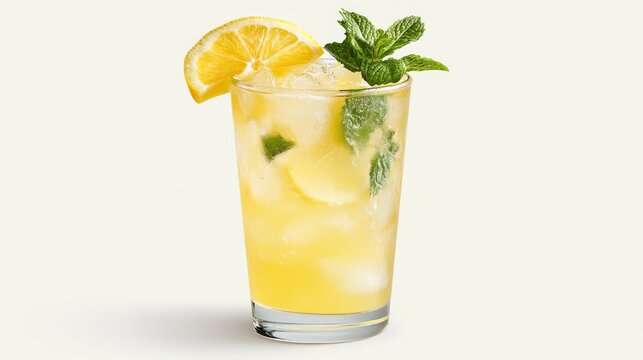 A refreshing glass of iced lemonade with mint leaves and lemon slices. Featuring coolness and zest