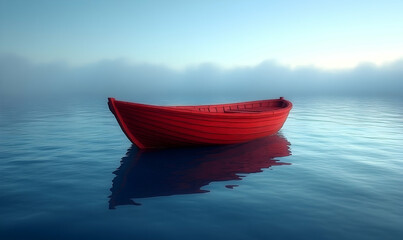 Naklejka premium Solitary red rowboat misty water