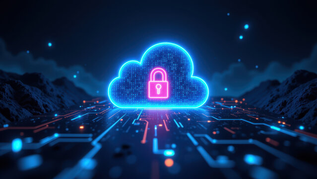 A digital graphic depicting a cloud with a lock symbol, surrounded by electronic circuitry, signifying cybersecurity protection for online data storage.
