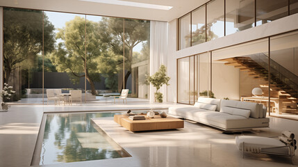 Maison d'architecture moderne, salon avec canap&eacute;, villa de luxe avec vue sur la nature. Maison d'architecte, grande baie vitr&eacute;e. Arri&egrave;re-plan pour conception et cr&eacute;ation graphique.