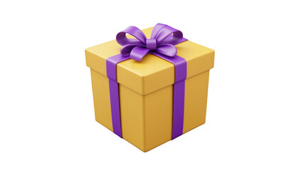 Obraz premium A vibrant yellow gift box topped with a purple ribbon, perfect for any occasion, offering a stylish presentation for gifts and surprises.