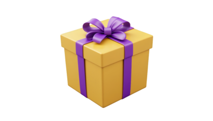 A vibrant yellow gift box topped with a purple ribbon, perfect for any occasion, offering a stylish presentation for gifts and surprises.