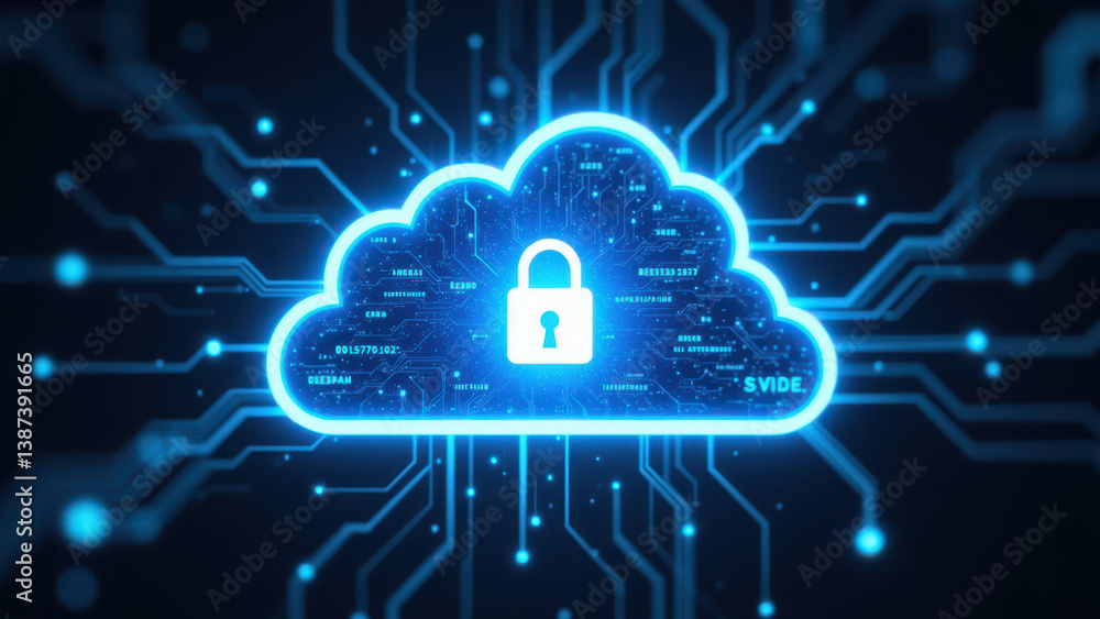 Poster cybersecurity concept with a lock on a cloud and digital network background.