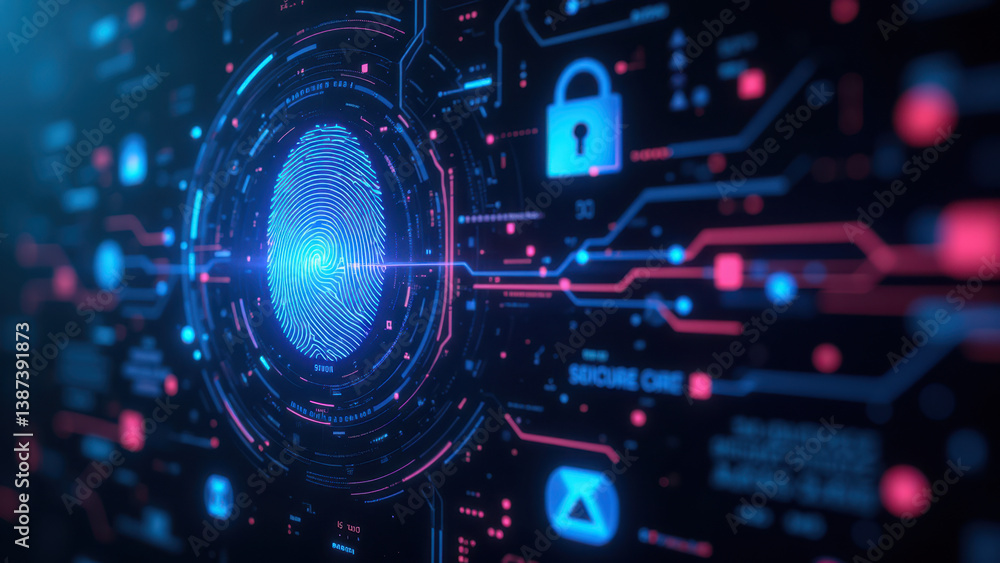 Poster a digital illustration showcasing advanced cybersecurity features with a fingerprint scanner at its 
