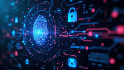 Fototapeta premium A digital illustration showcasing advanced cybersecurity features with a fingerprint scanner at its core, set against a backdrop of glowing circuits and network icons, symbolizing internet security.