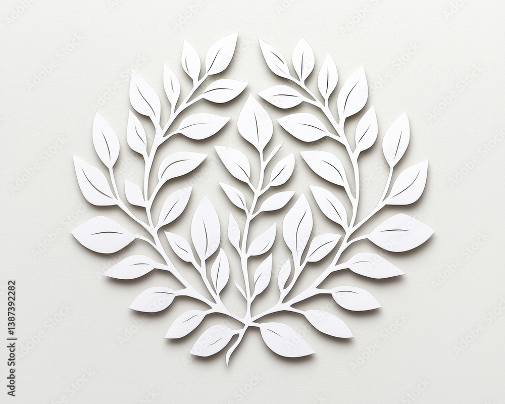 Poster a white ornamental design featuring leaves arranged in a circular pattern, creating a delicate and e