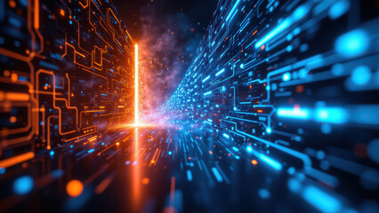 Obraz premium Cybersecurity themed image showing a digital tunnel with neon lights on circuit boards, representing data encryption and internet security.