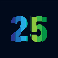 Dynamic 25 in Mosaic Style: Contemporary Number Design with Segmented Blue and Green Gradient Elements. Ideal for Quarter-Century Celebrations, Tech Anniversaries, and Digital Branding.