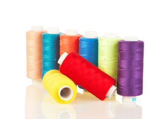  Colorful Sewing Thread Spools White Background Reflection