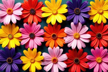 Bold blooms arranged in a repeating square grid , colorful, background
