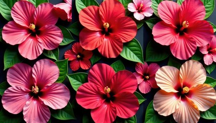 Obraz premium Bold hibiscus blooms arranged in a square grid , grid, macro