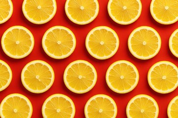 Fototapeta premium Lemon slices arranged in a seamless pattern on vibrant red background. 