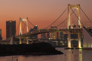 Suspension Bridge and Cityscape at Dusk