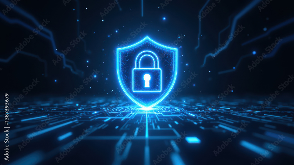 Poster this is a futuristic digital illustration depicting a cyber security theme with a glowing lock icon 