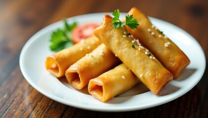 Crispy spring rolls, sesame seeds, garnish, white plate, asian food, foodie