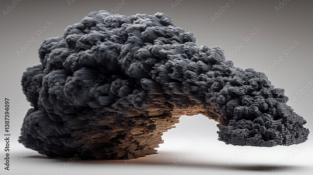Poster abstract 3d render of a dark gray, cube like cloud formation illuminated from below against a light 