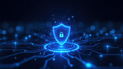 Fototapeta premium Cybersecurity icon with a shield and network cables, representing protection against cyber threats.