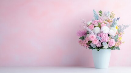 Fototapeta premium A pastel-colored flower bouquet, predominantly pink and white, sits in a light blue vase. The composition is simple, against a pink background. The image is high-quality, well-lit, and features a sof