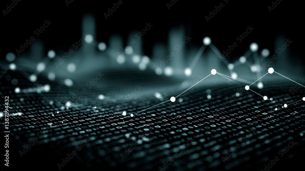Poster abstract dark background with glowing white nodes forming a dynamic data landscape. digital network 