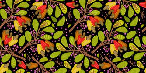 Colorful floral vector seamless pattern with cashew branches on black background