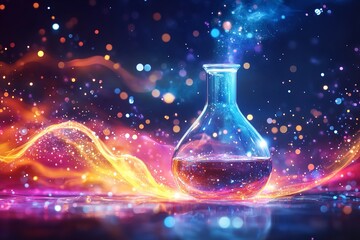 Abstract Beaker with Swirling Colors and Bubbles on Blue to Orange Gradient, Symbolizing Innovation