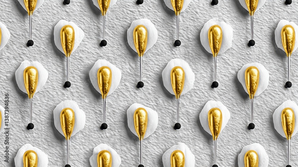 Poster abstract gold and white pattern. repeating design of gold teardrop shapes on a textured white backgr