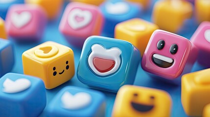 Cheerful Blue Smiley Face Held in Hands Surrounded by Colorful Smiley Faces on a Light Blue Background Highlighting Fun and Playful Aesthetics