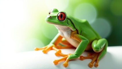 Obraz premium Green tree frog perched on white, vibrant skin, texture, jump