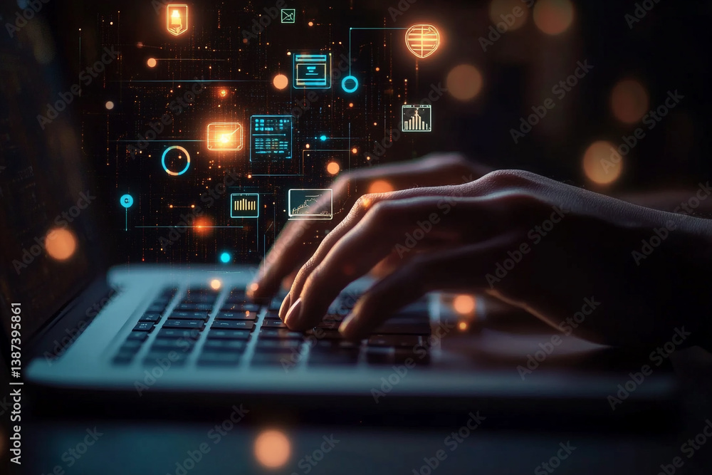 Aufkleber digital connectivity: a person's hands interact with a laptop in a cyber world, emphasizing digital 