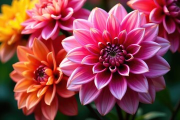 Obraz premium Intricate dahlia blooms, vibrant colors, close-up view, textile, yellow, orange