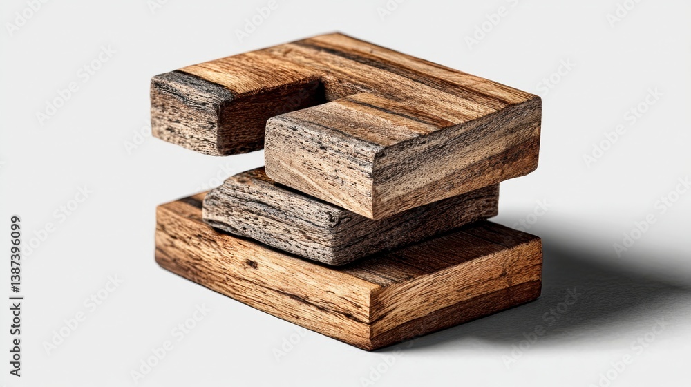 Poster wooden puzzle blocks arranged in an abstract shape against a neutral background. the blocks have a d