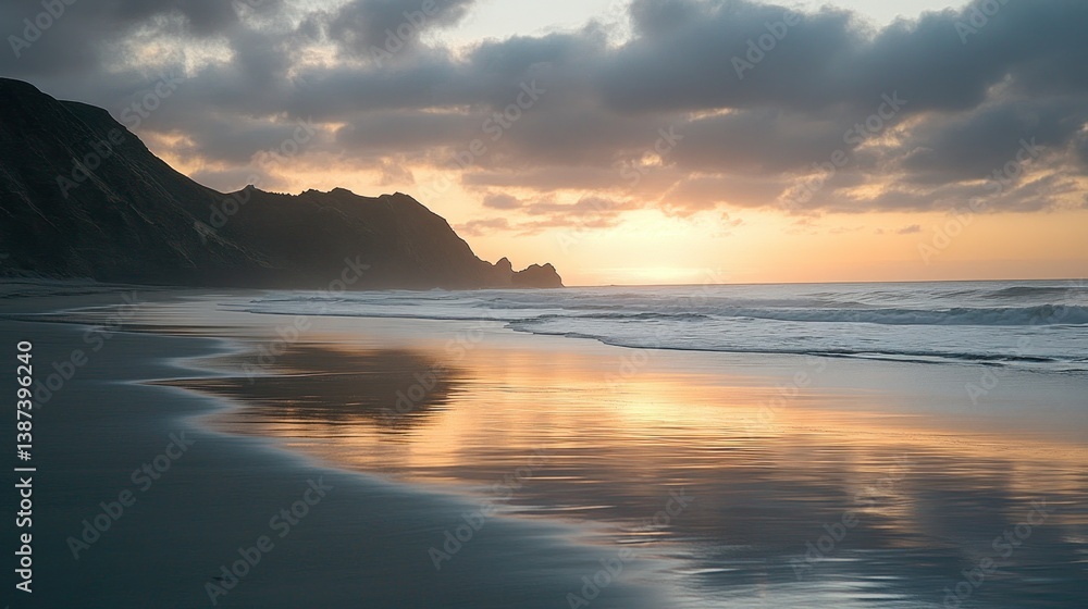 Poster sunset over a tranquil beach with dark hills and reflecting ocean.
