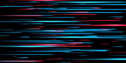 Speed light background. Color neon spark rays on black. Futuristic shiny pattern with bright red and blue flares on dark. Modern technology vector illustration. © Mariquita vector