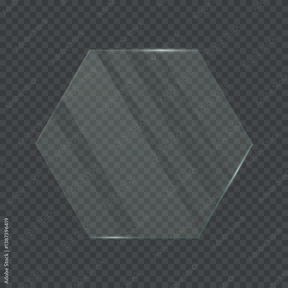 Poster transparent glass frame with hexagon shape. 3d plastic blank screen isolated on on transparent backg