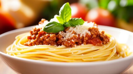 A rich bowl of spaghetti bolognese with parmesan cheese. Featuring comfort and richness
