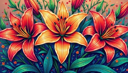 Intricate line art lilies form a dense, repeating motif, simple, texture