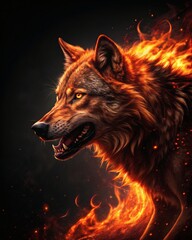 Fototapeta premium Fiery wolf in captivating dark backdrop, symbolizing power and intensity.