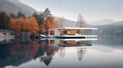 Obraz premium Maison d'architecture moderne, villa de luxe sur un lac. Ambiance automnale, arbre, brouillard. Arrière-plan pour conception et création graphique.