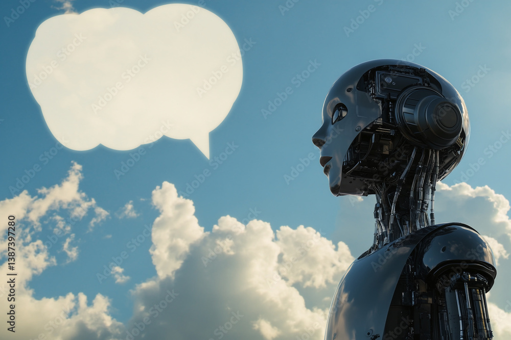 Poster thinking machine and cloud: a futuristic android gazes thoughtfully towards a fluffy cloud, its meta