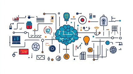 Cloud Computing Illustration: Central Cloud Icon Surrounded by Technology Icons Connected with Nodes and Lines Representing Data Flow and Integration